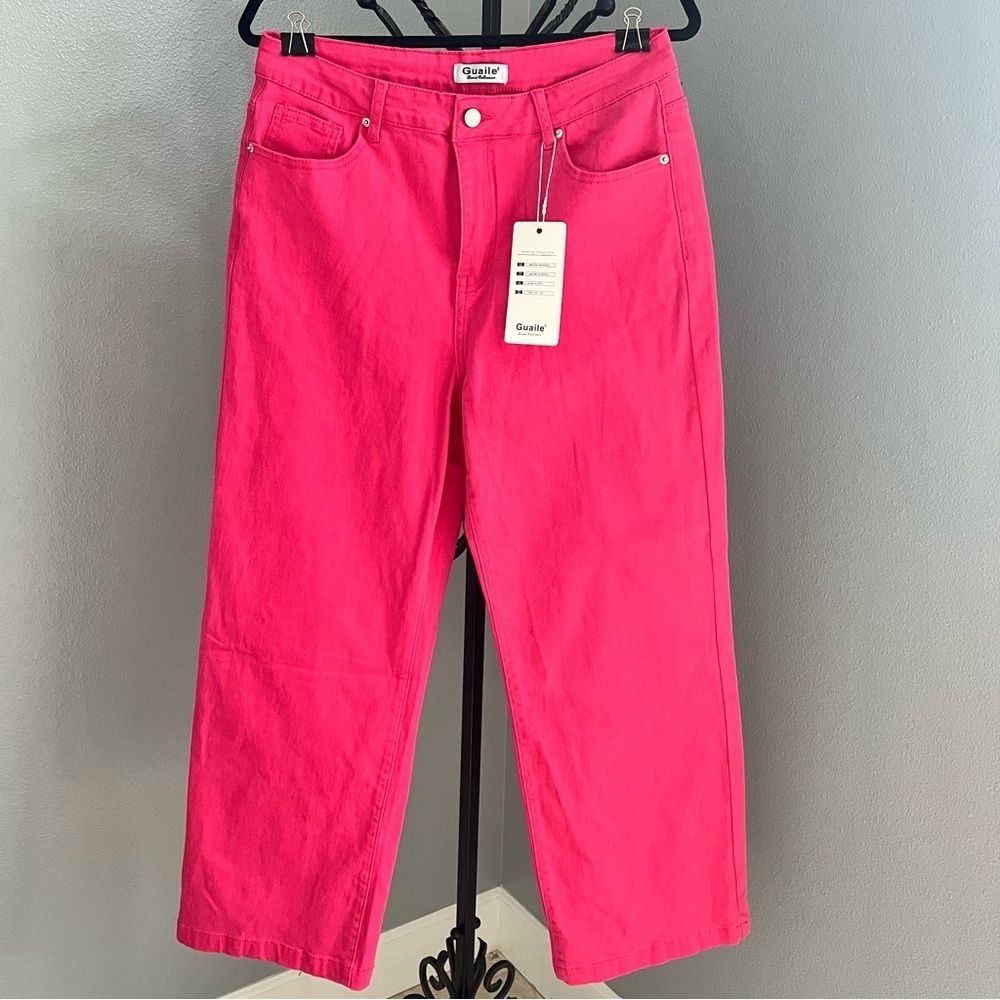 NWT Guaile Hot Pink High Rise Wide Leg Cropped Jeans Size 14